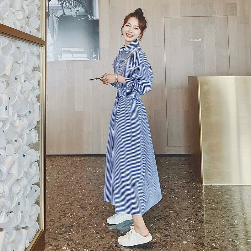 ブルーストライプシャツワンピース（青）春/夏 着やせワンピース