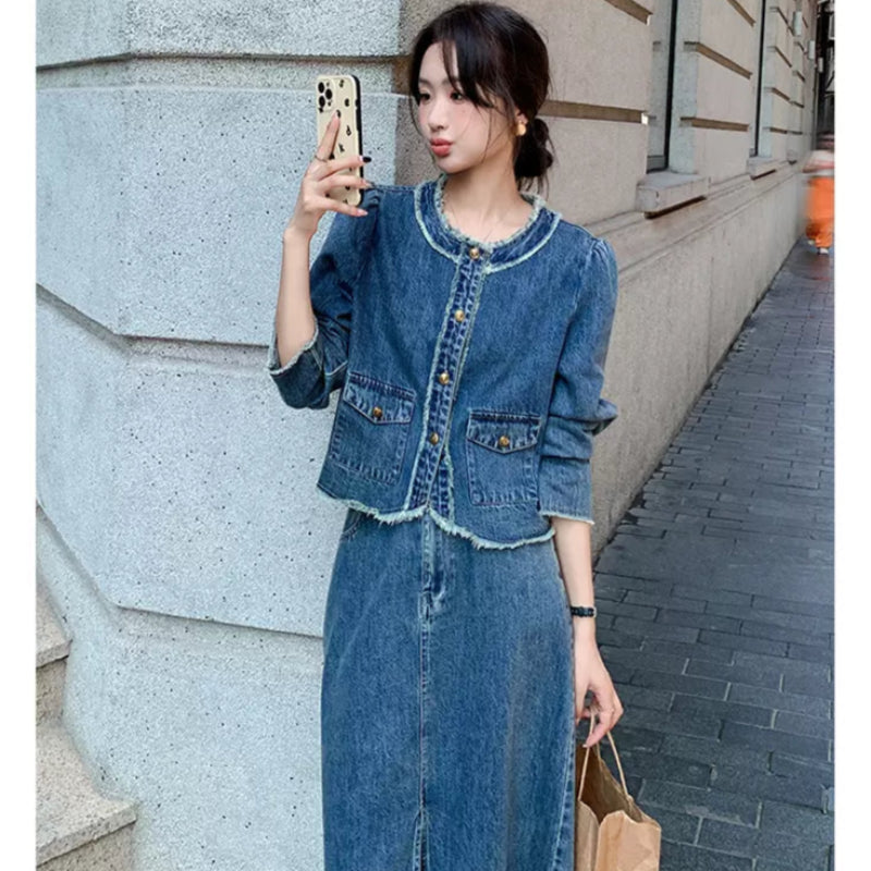 ノーカラーデニムジャケット×スカートセット