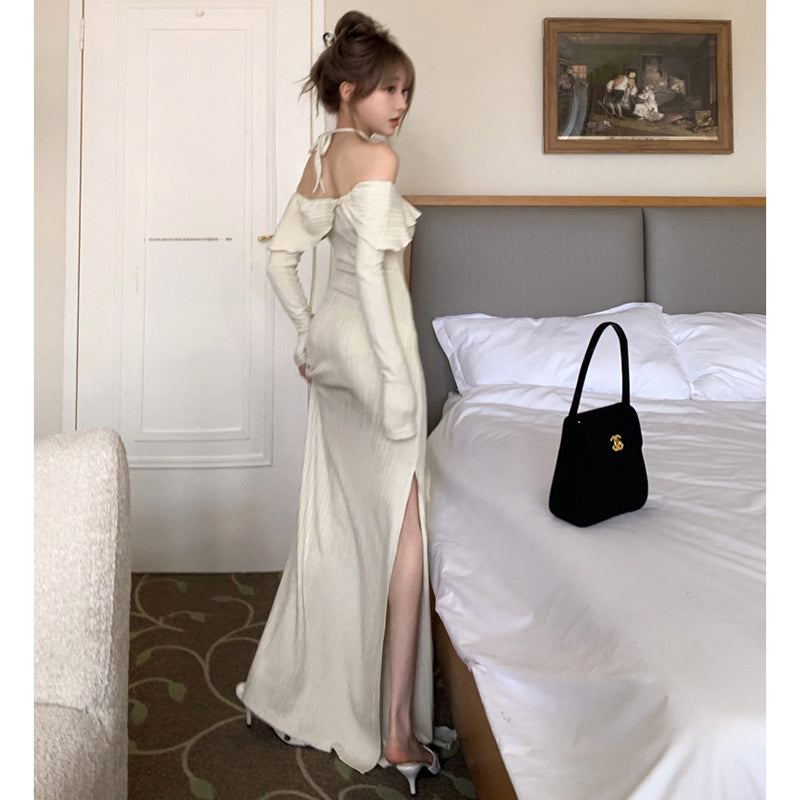 フェミニンオフショルダーリボンフリルスリットドレス