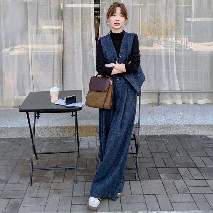 ブルーグレーベスト×ワイドパンツセット