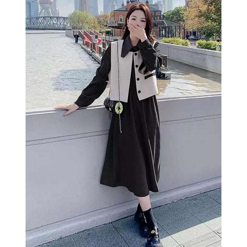 【即納】2WAYバイカラーベスト×ワンピースセット