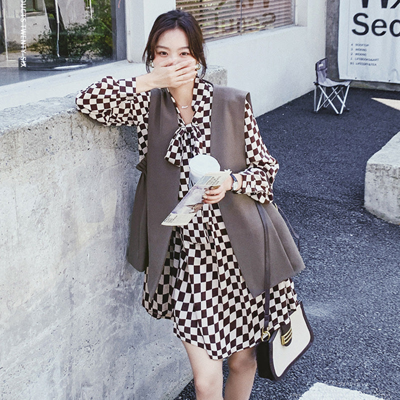 チェック柄ワンピース×ベストセット