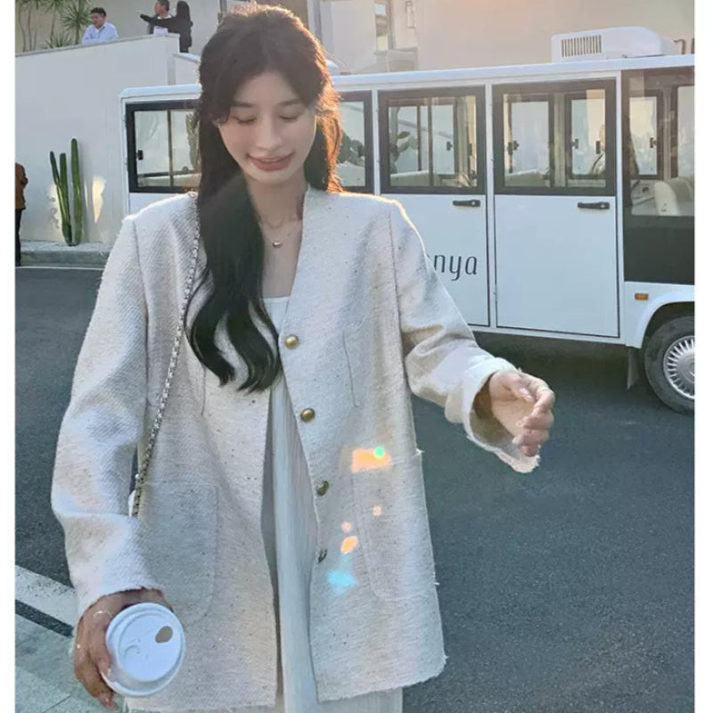 エレガントノーカラーツイードジャケット(3colors)