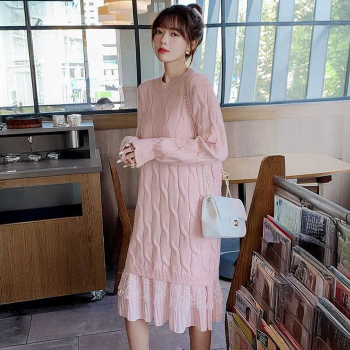 裾レースケーブルニットワンピース(3colors)