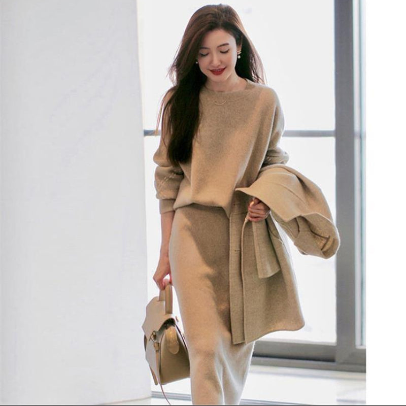 ステッチスリーブニット×スカートツーピースセット(3colors)