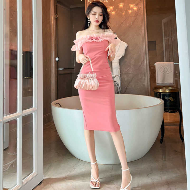 フロントリボンシアーフリルコンビオフショルダーペンシルワンピース