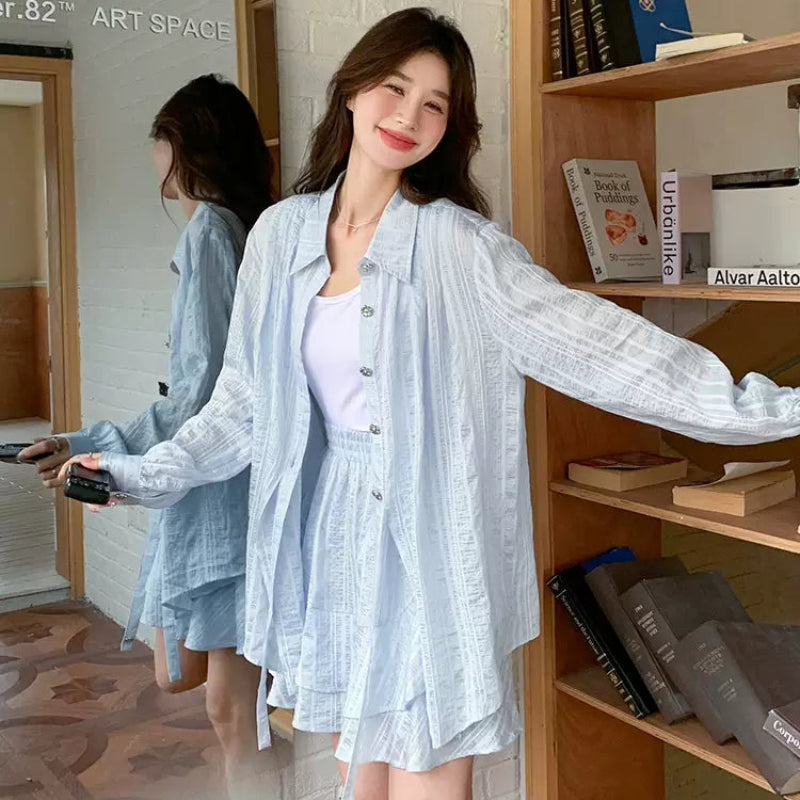 ライトブルーストライプシャツ×パンツセット