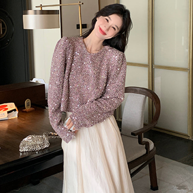 ラメ入りツイード風ショート丈トップス