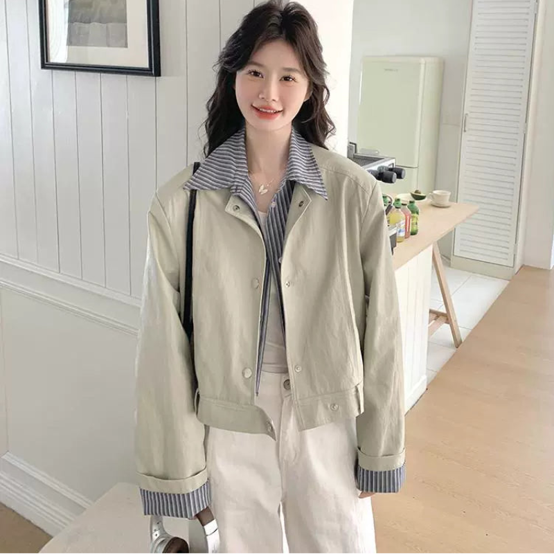 ストライプシャツドッキングPUレザージャケット