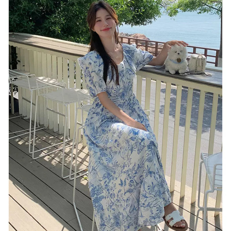 ラッフルカラーボタニカルプリントワンピ