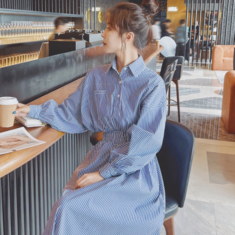 【即納】ブルーストライプシャツワンピース