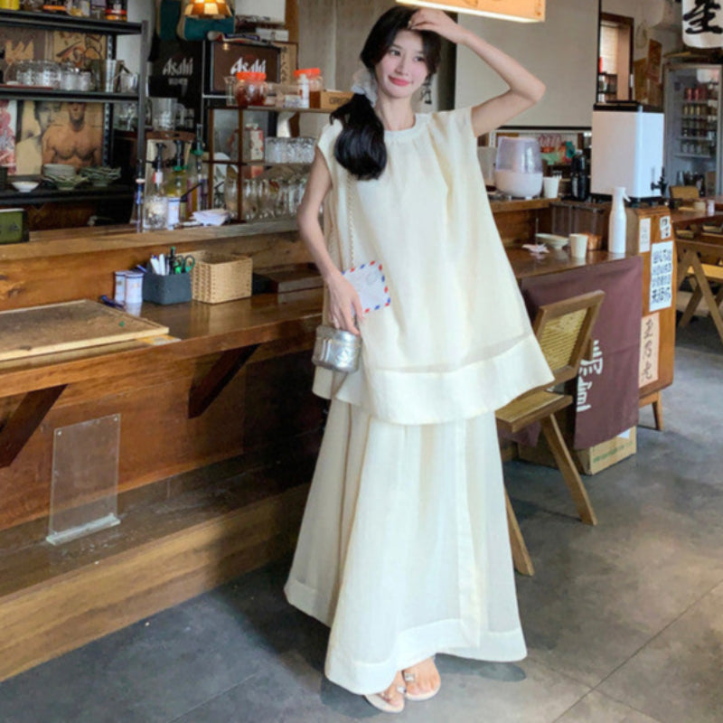 ノースリーブカットソー×ロングスカートスーツ