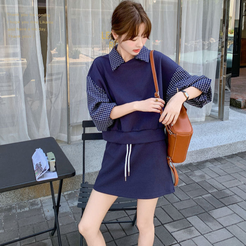 ブルーチェックレイヤードスウェットスカートセット