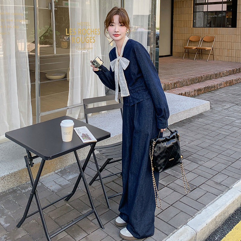 レースリボン付きデニムスーツジャケット×ワイドパンツ