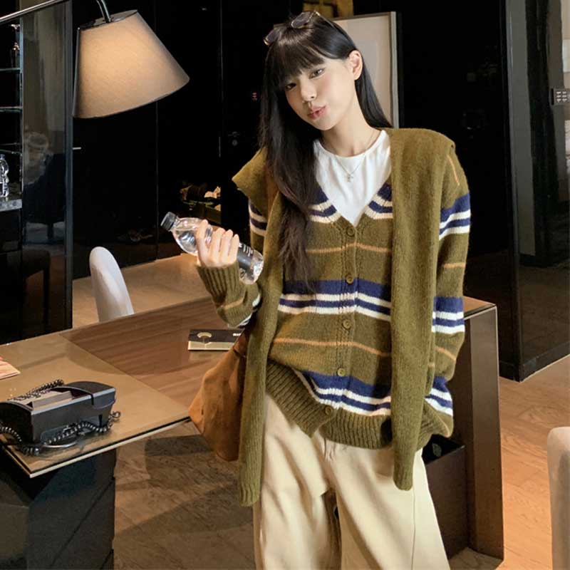 ショール付きボーダーカーディガン