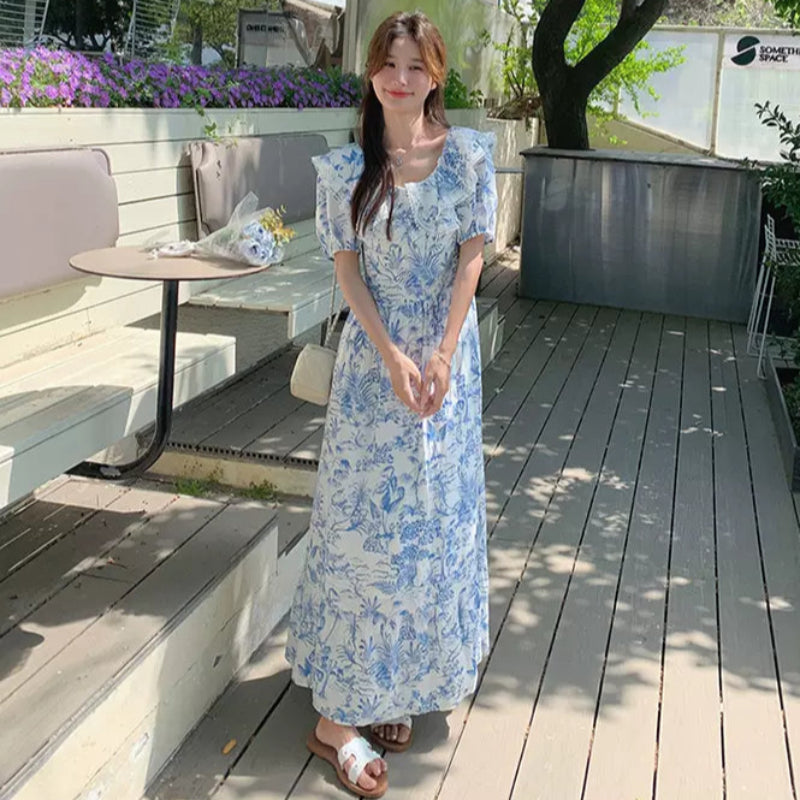 ラッフルカラーボタニカルプリントワンピ