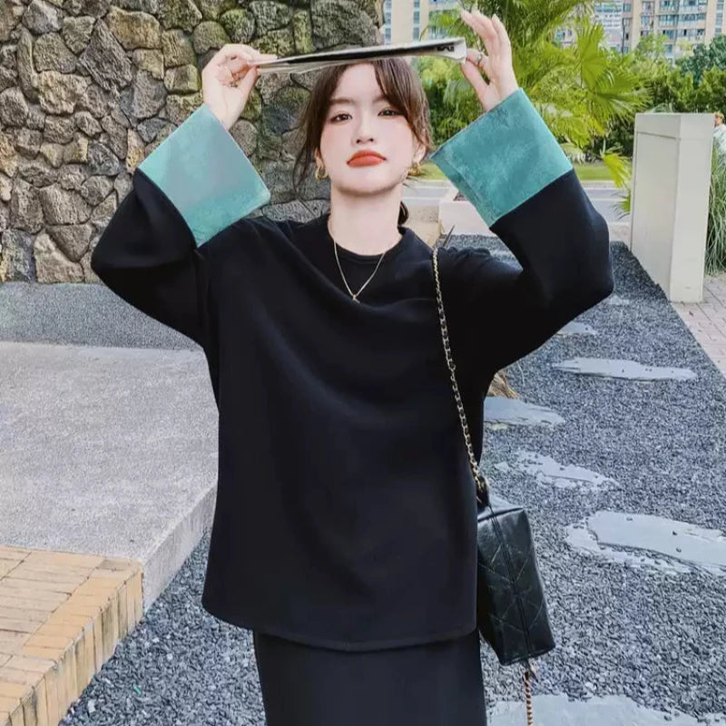 スウェットバイカラートップス×スカートセット