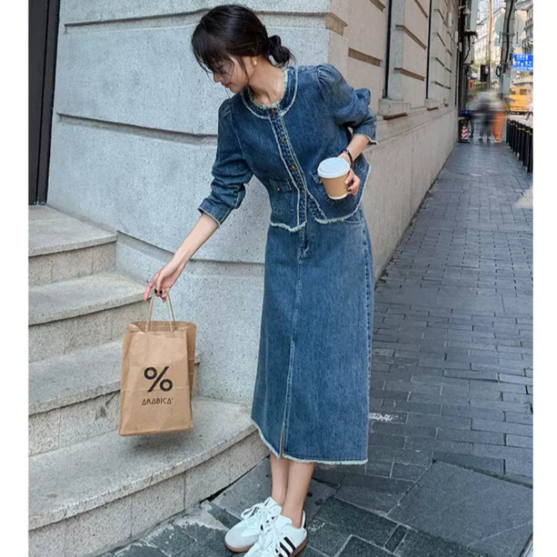 ノーカラーデニムジャケット×スカートセット