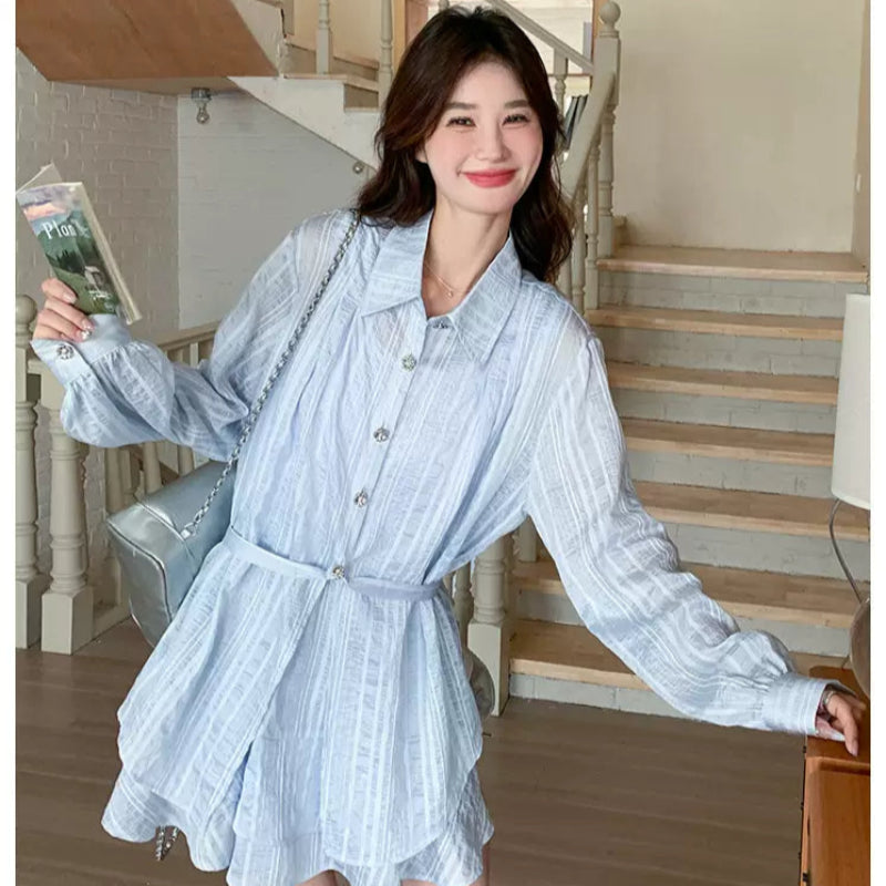 ライトブルーストライプシャツ×パンツセット