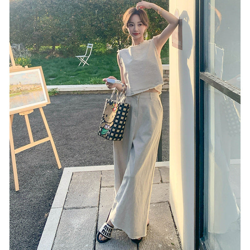 ノースリーブトップス×ワイドレッグパンツスーツ(2colors)