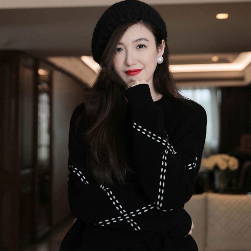 ステッチスリーブニット×スカートツーピースセット(3colors)