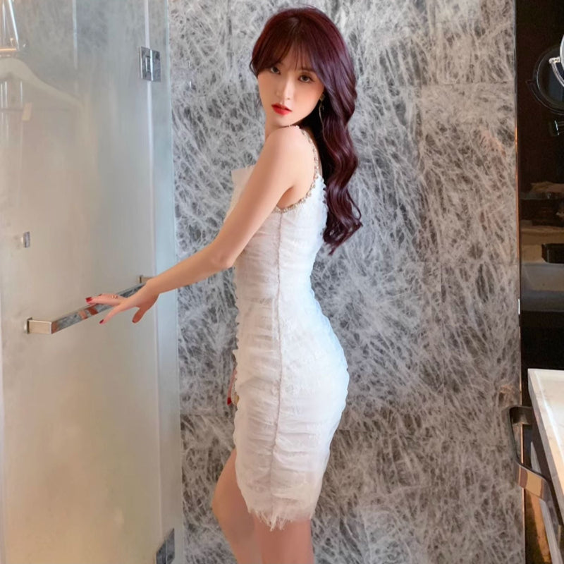 ラインストーンストラップチュールミニドレス(2colors)