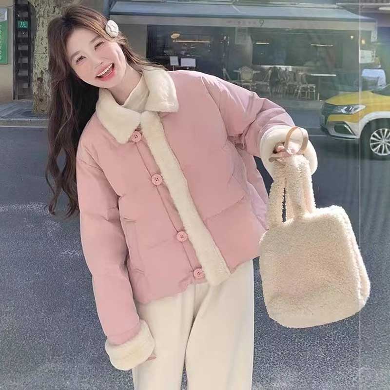 ファー襟ショート丈ダウンジャケット(2colors)（ピンク・青）秋/冬