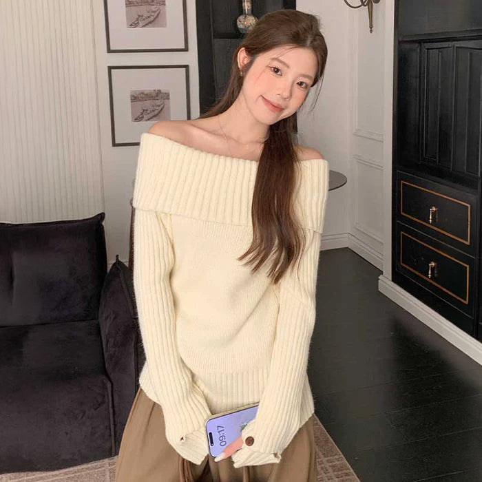 オフショルダーリブニット