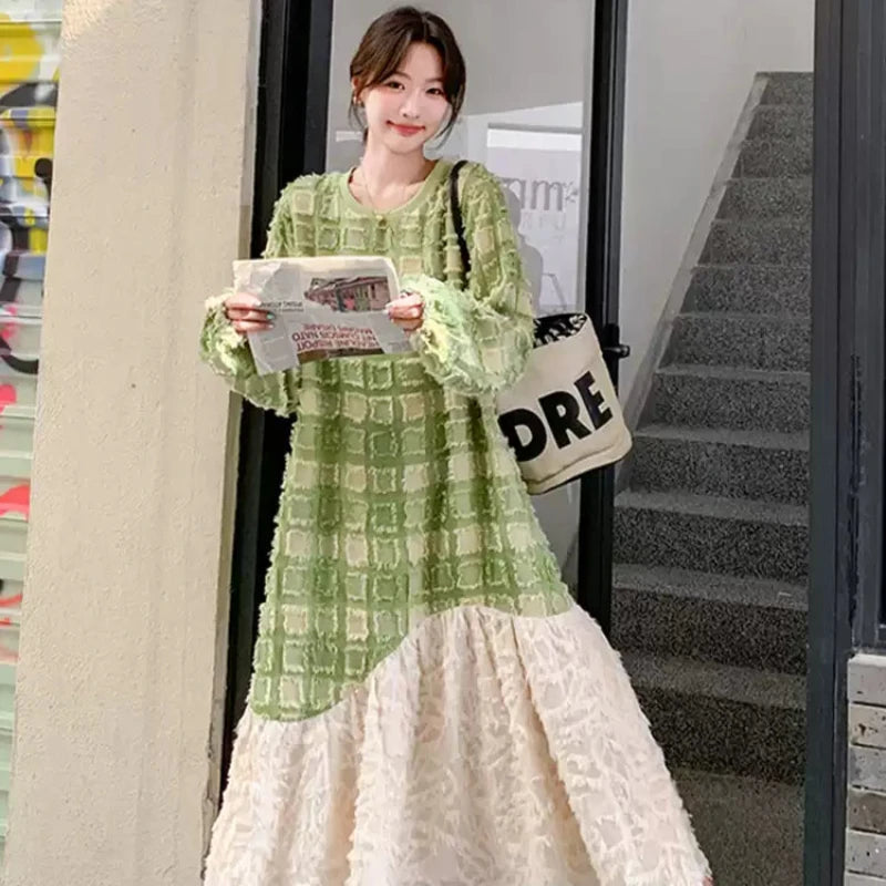 グリーンエンボスチェックワンピース