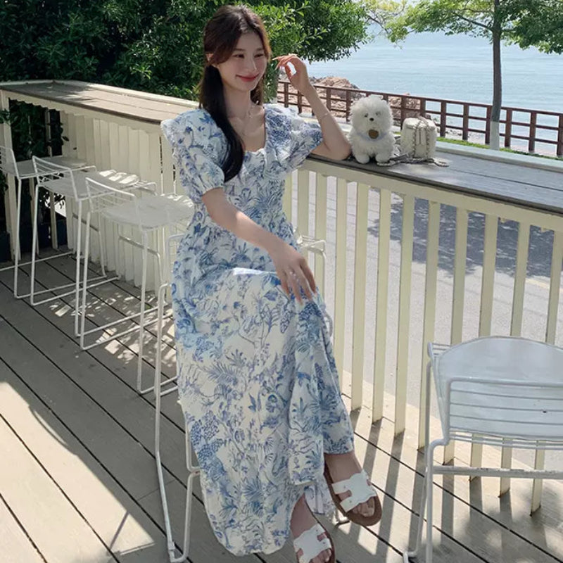 ラッフルカラーボタニカルプリントワンピ