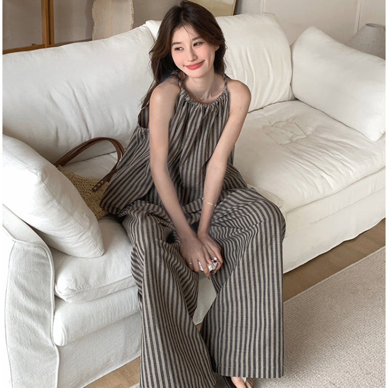 ストライプホルターネックトップス×パンツセット