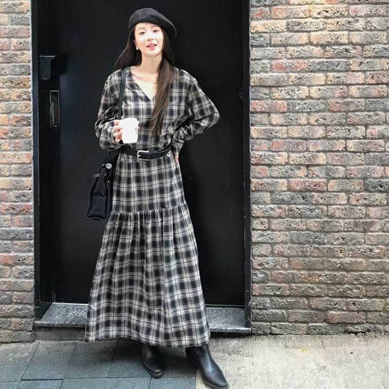 チェックロングフレアワンピース