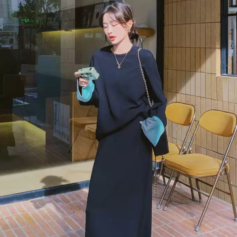 スウェットバイカラートップス×スカートセット