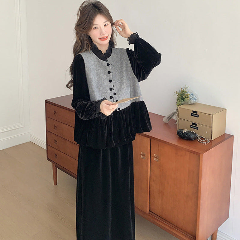 エレガンスベルベットベスト×トップス×スカート3点セット