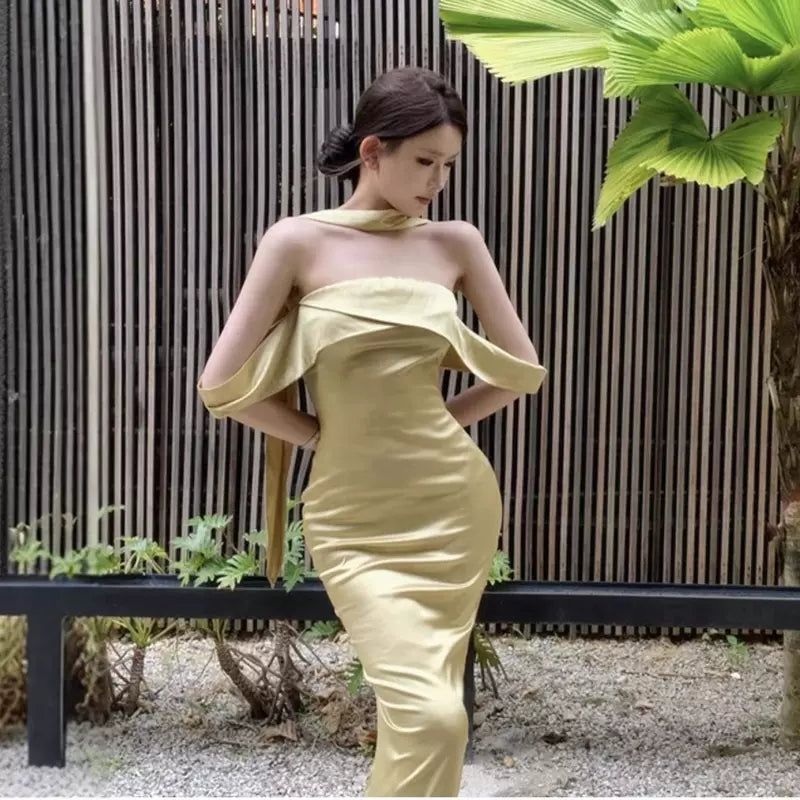 リボンショルダーロングドレス