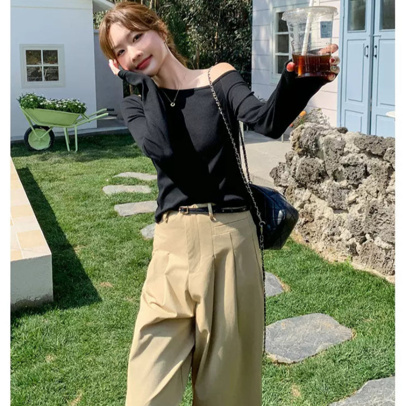 オフショルダーカットソー×ワイドレッグパンツコーデセット