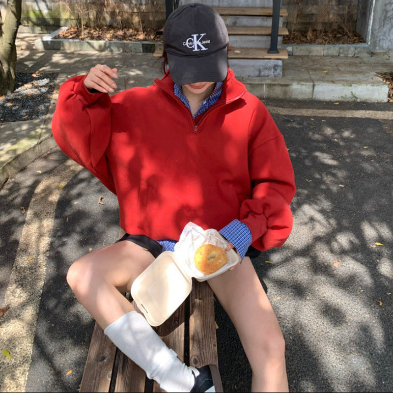 ハーフジップスウェット×チェックシャツ