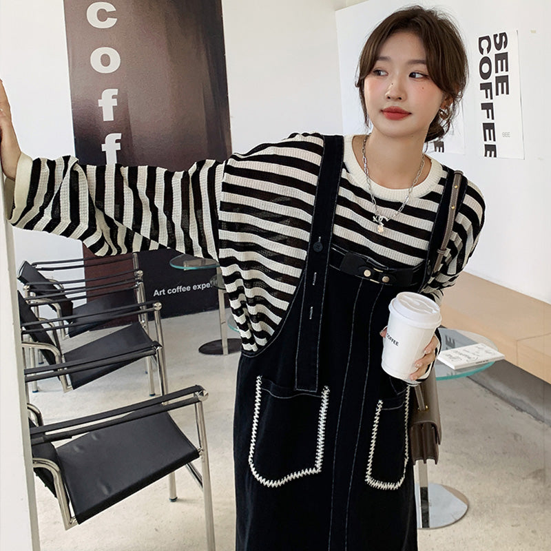 カジュアルボーダートップス×デニムサロペットワンピースセット