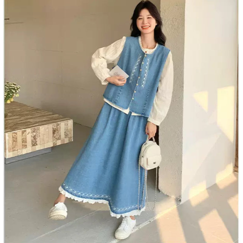 ホワイトブラウス×デニムベスト×スカートスリーピースセット