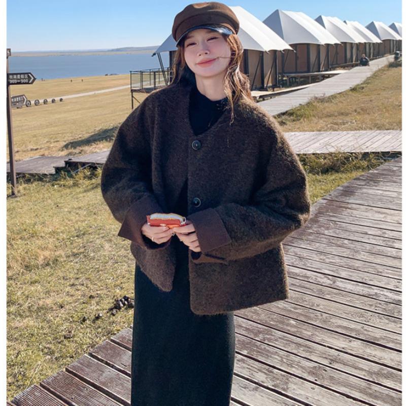 ノーカラーウールショートコート