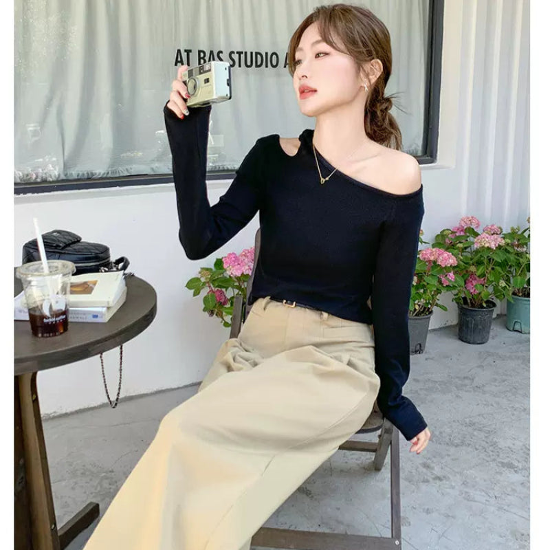 オフショルダーカットソー×ワイドレッグパンツコーデセット