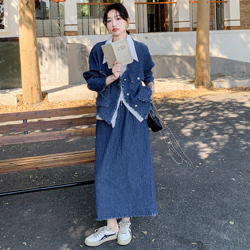 デニムジャケットスカートスーツ×ブラウス3点セット