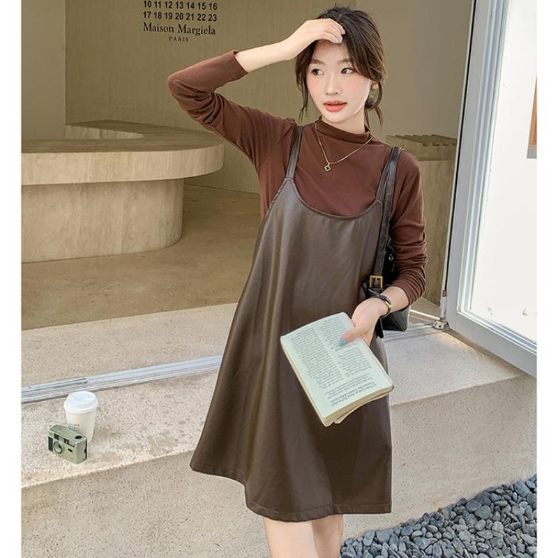 タートルトップス×PUレザーワンピースセット(2colors)