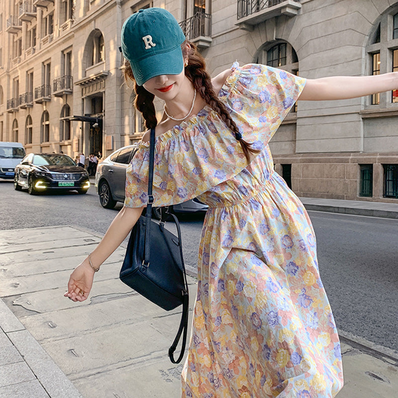 2wayオフショルダーフラワープリントワンピース