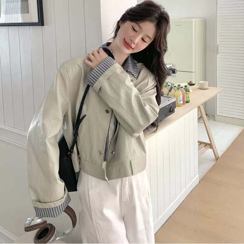 ストライプシャツドッキングPUレザージャケット