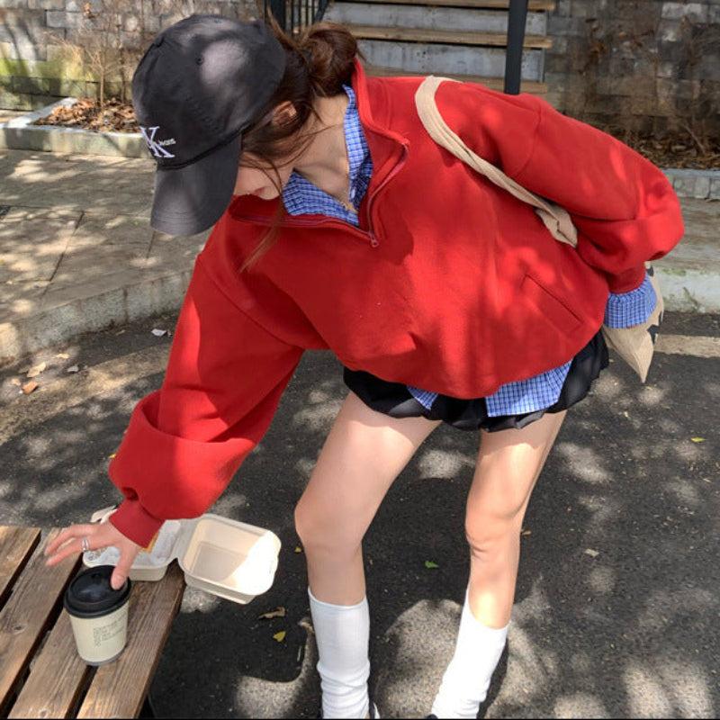 ハーフジップスウェット×チェックシャツ