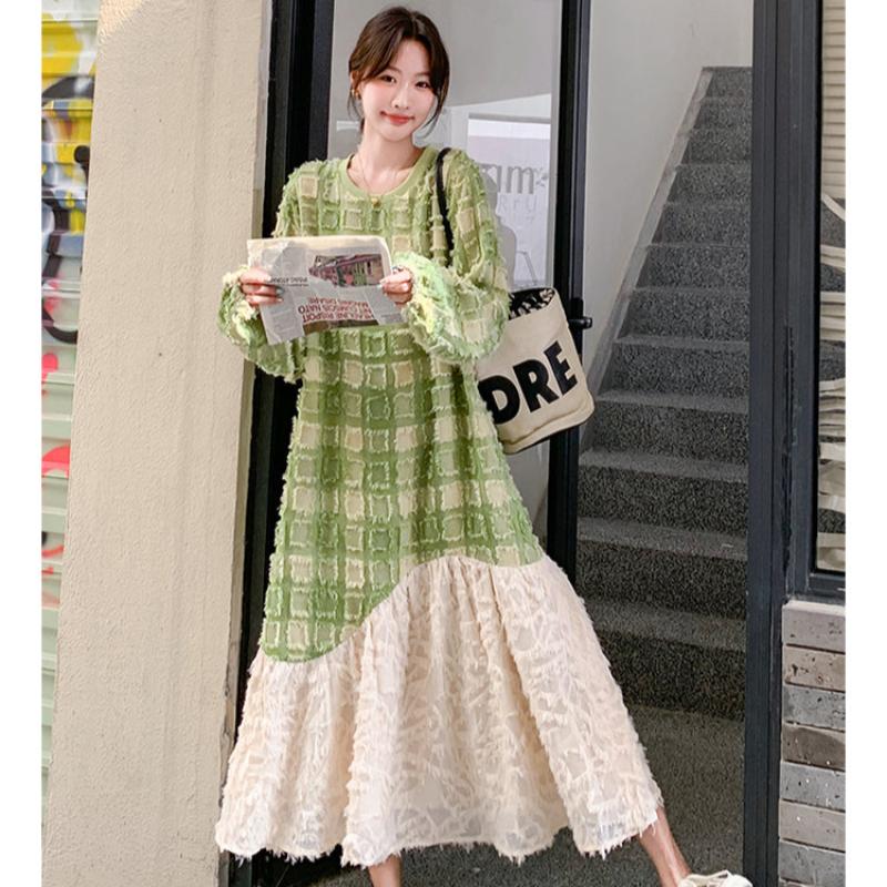 グリーンエンボスチェックワンピース