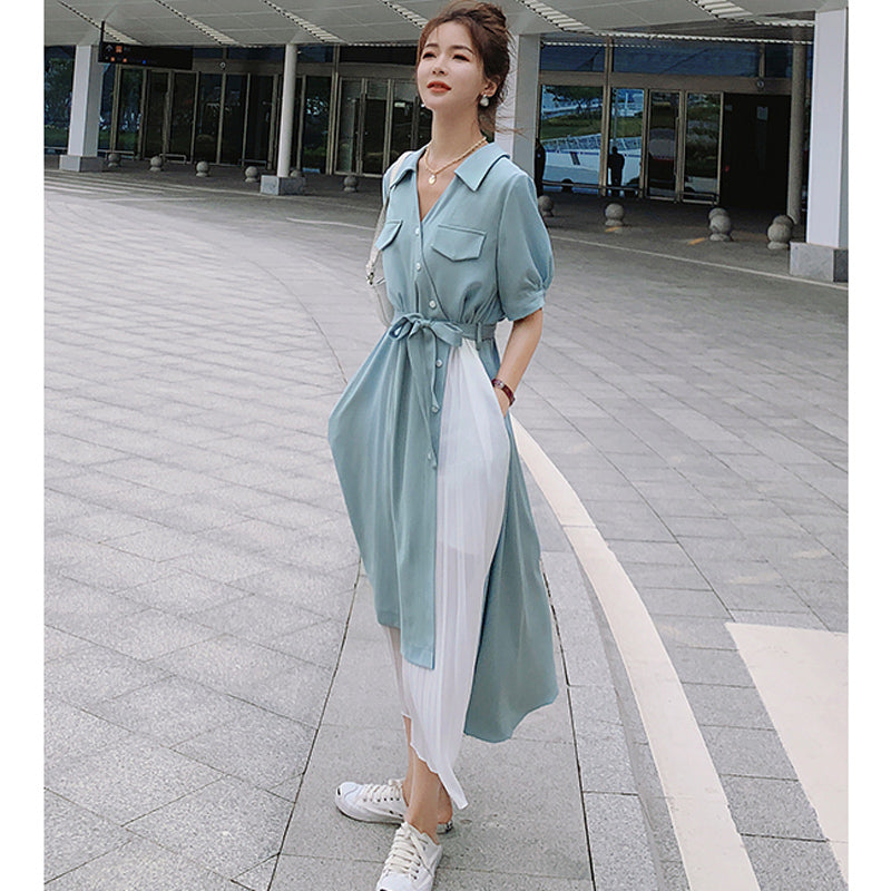 【即納】レイヤード風シャツワンピース(4colors)