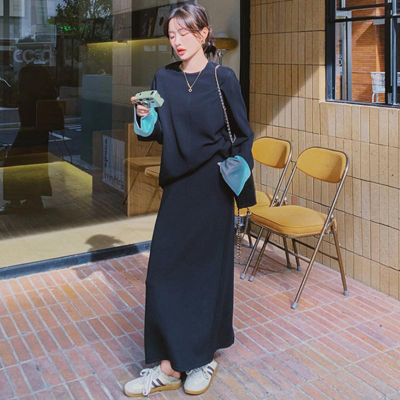 スウェットバイカラートップス×スカートセット