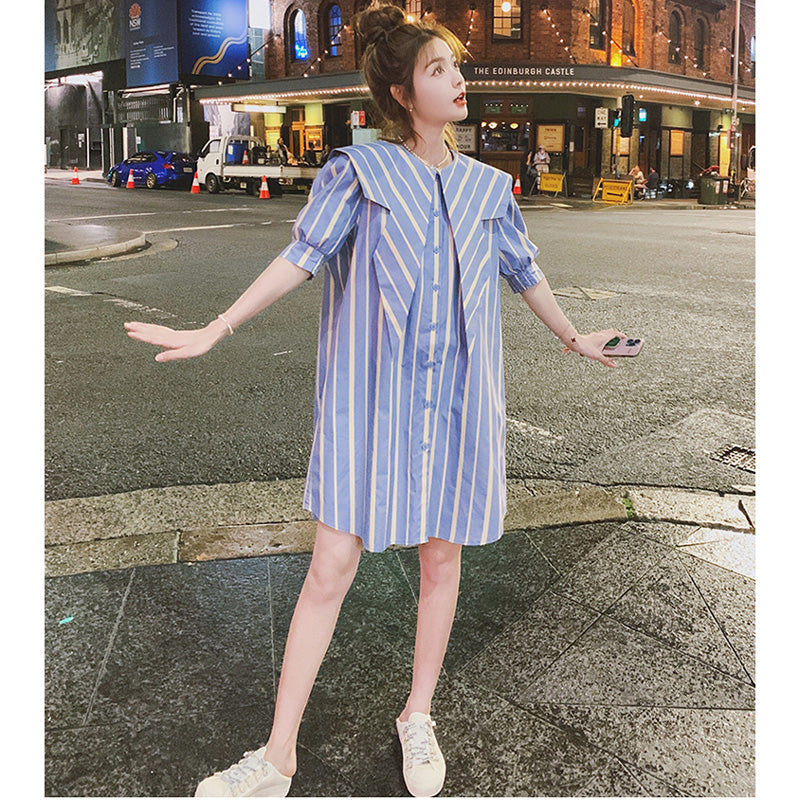 ビッグシルエットストライプケープ風ワンピース